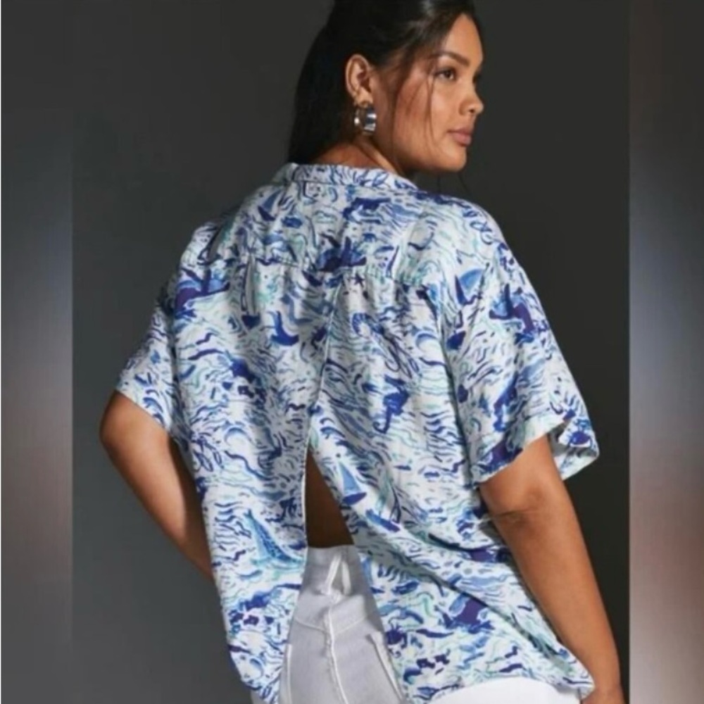 Maeve by Anthropologie Linen-Blend Ocean Print Open-Back Top – Size Small